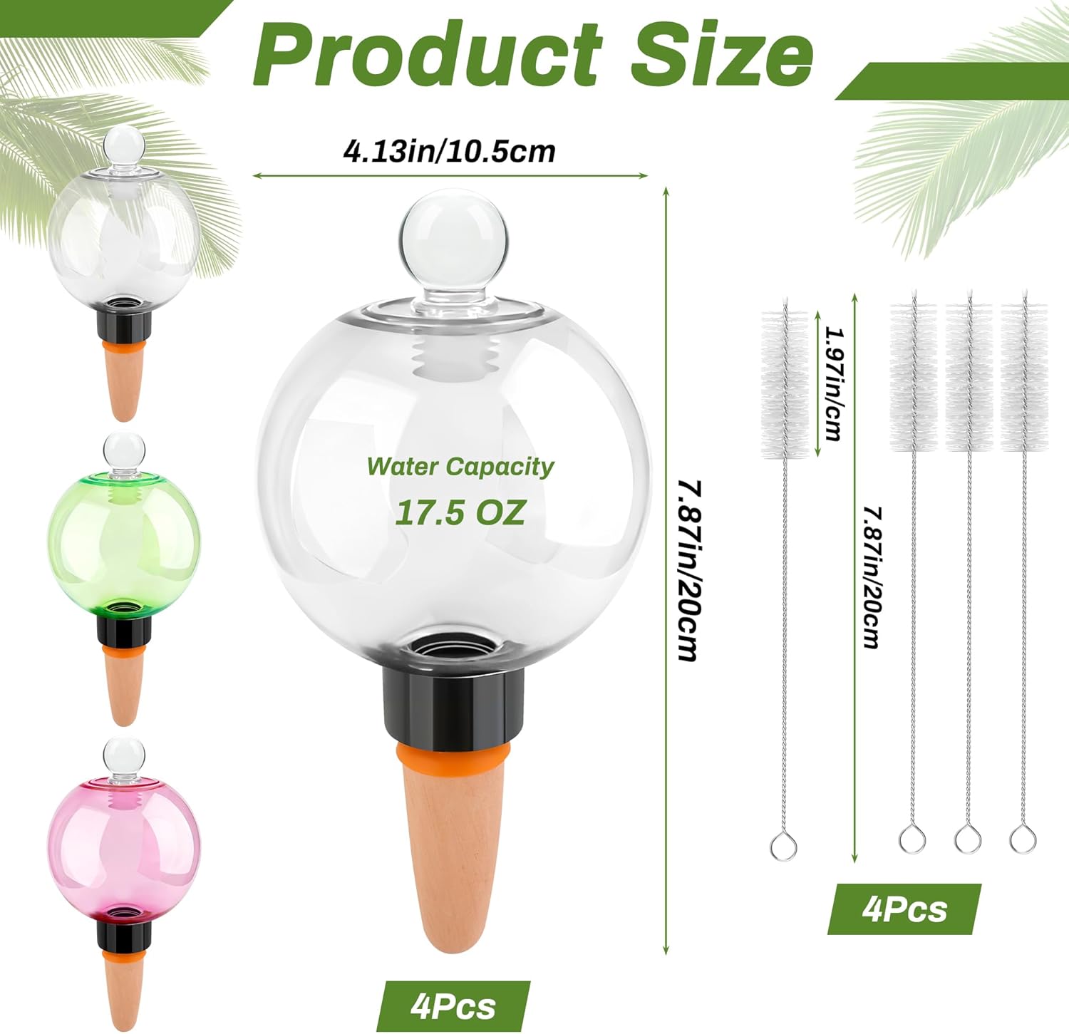 4pcs Plant Watering Globes with 4 Cleaning Brushes, Colorful Self Watering Bulbs (2 White, 1 Green, 1 Pink), Slow Release Water Spikes, Automatic Plant Watering Devices for Indoor Plants