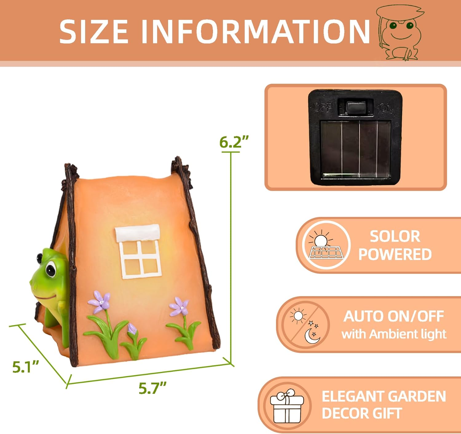Solar Frog Garden Statues Outdoor Decor, Resin Outdoor Tent Statues with Solar Light , Yard Decorations Outdoor for Patio, Porch, Balcony, Lawn Ornaments, Housewarming Birthday Gifts for Mom Women