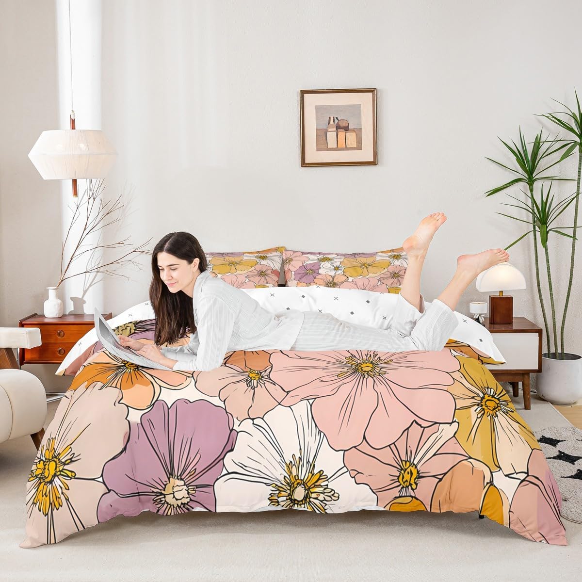 Groovy Flower Comforter Cover 60S 70S 80S Flowers Pink Purple Yellow Bedding Set Retro Floral Boho Duvet Cover for Children Kids Boys Girls Microfiber Bedspread Cover Room Decor Bedclothes Full