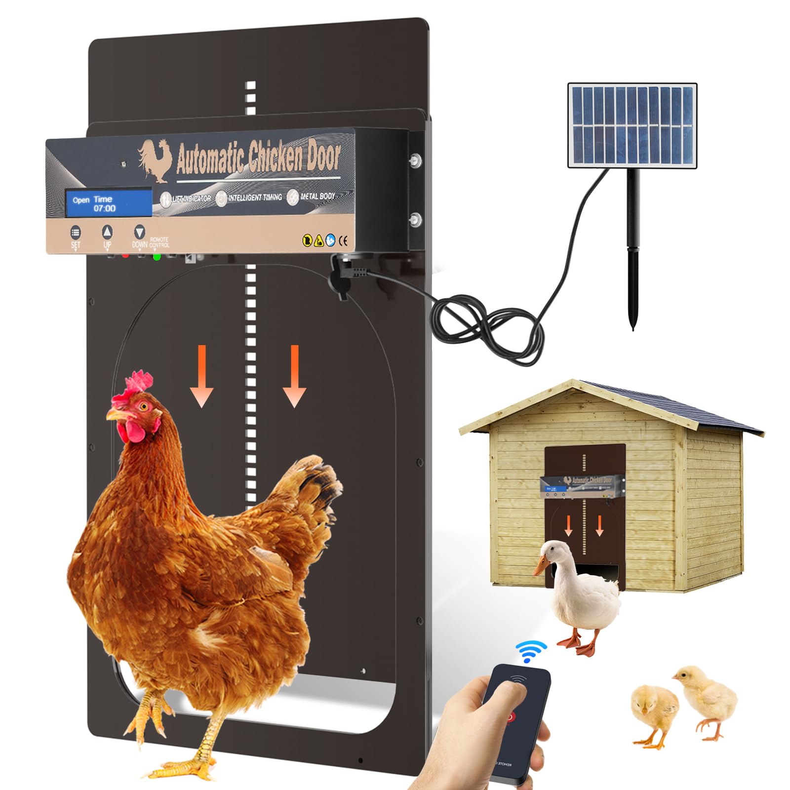 Epoify Automatic Chicken Coop Door Solar Powered, LCD Display Chicken Door with Timer & Light Sensor Mix 4Modes, Aluminum Alloy Chicken Door, Range 10M Remote Control