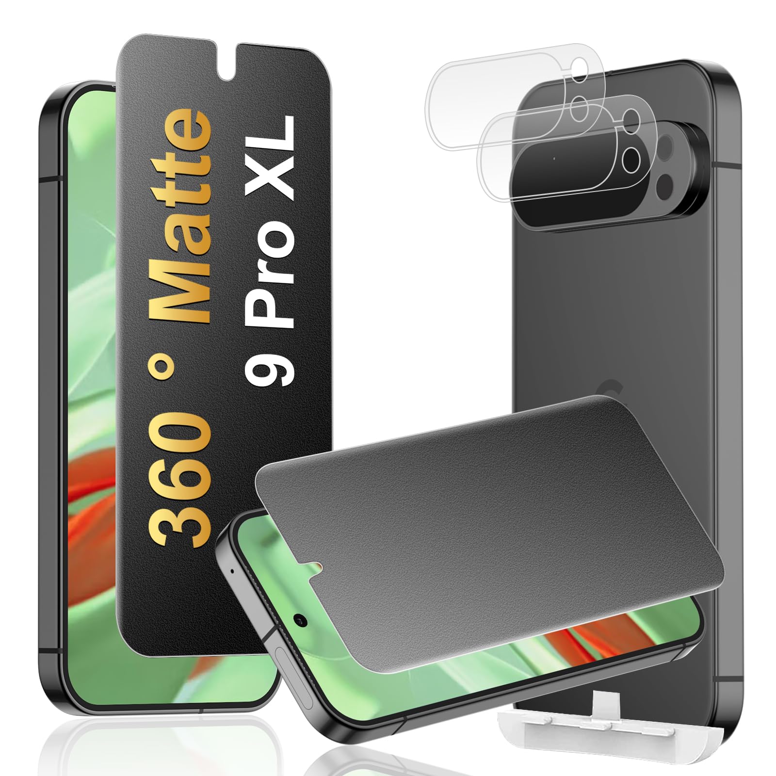 [2+2 Pack] 4 Way 360 ° Matte Privacy Screen Protector for Google Pixel 9 Pro XL with Camera Lens Protector, Fingerprint Sensor Compatible, Anti-Glare Full Adhesive Flexible Film (Not Glass)