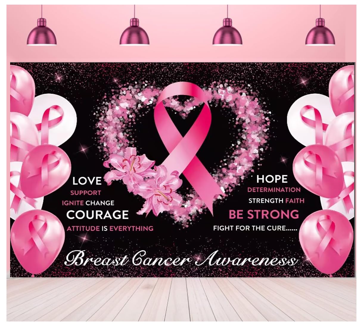 Breast Cancer Awareness Banner Backdrop Decorations Pink Ribbon Shapes Party Banner Breast Cancer Survivor Gifts Hope Faith Strength Courage Hanging Banner Breast Cancer Wall Pennants (style 4)
