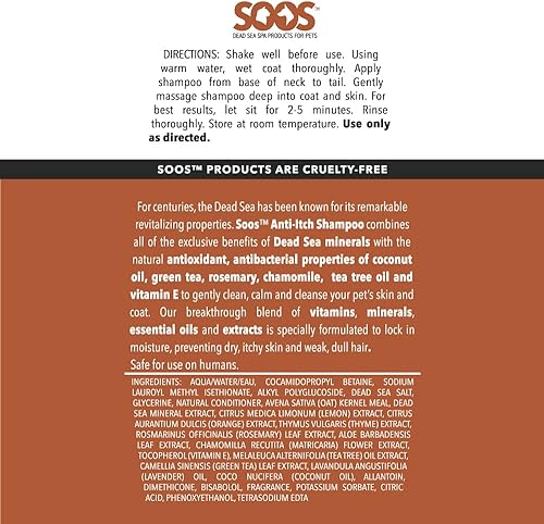 Miniatura 5 de Soos Champú para perros para gatos y mascotas, antipicazón, minerales del Mar Muerto, piel limpia de rápida absorción con vitaminas, aceites