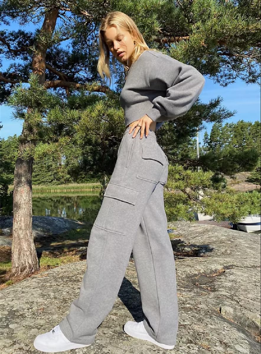 HOPYOP Pantalones deportivos para mujer, de pierna ancha, para otoño e invierno, holgados, cruzados, con bolsillos