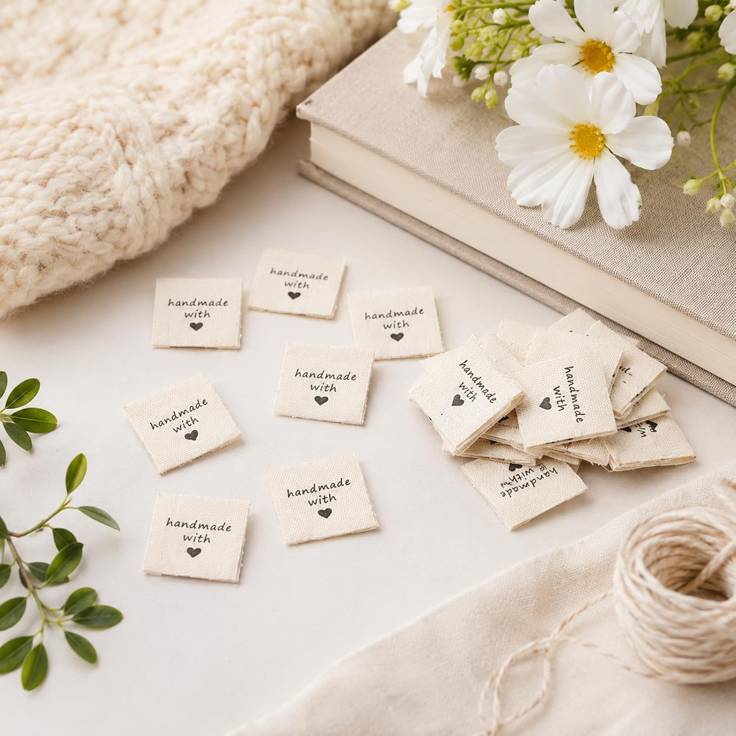 100 Pcs Sewing Labels for Handmade Items, Durable Fabric Sewing Labels with Handmade with Love Embossed Tags Sew on Clothing, Ideal for Crochet, Knitting, Projects and DIY Crafts