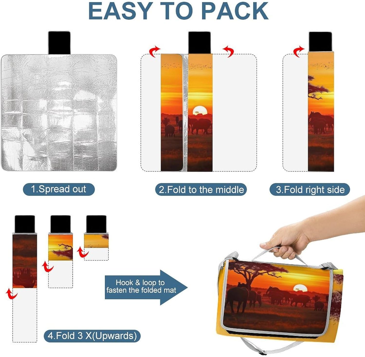African Animal Sunset Waterproof Picnic Blanket 58.3''x58.3'',Portable and Foldable Picnic Mat with Handle,Outdoor Blankets for Lawn Park Beach Travel