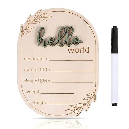 Baby Announcement Sign with Pen, Wooden Hello World Newborn Sign