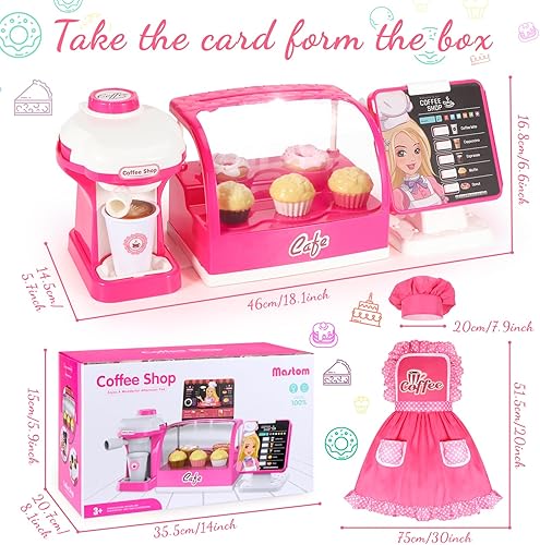 Miniatura 6 de Mastom - Juego de cafetera para niños, juegos de cocina de juego de rol, cafetería con sonido y luz, delantal, gorra, máquina de café, juguete de