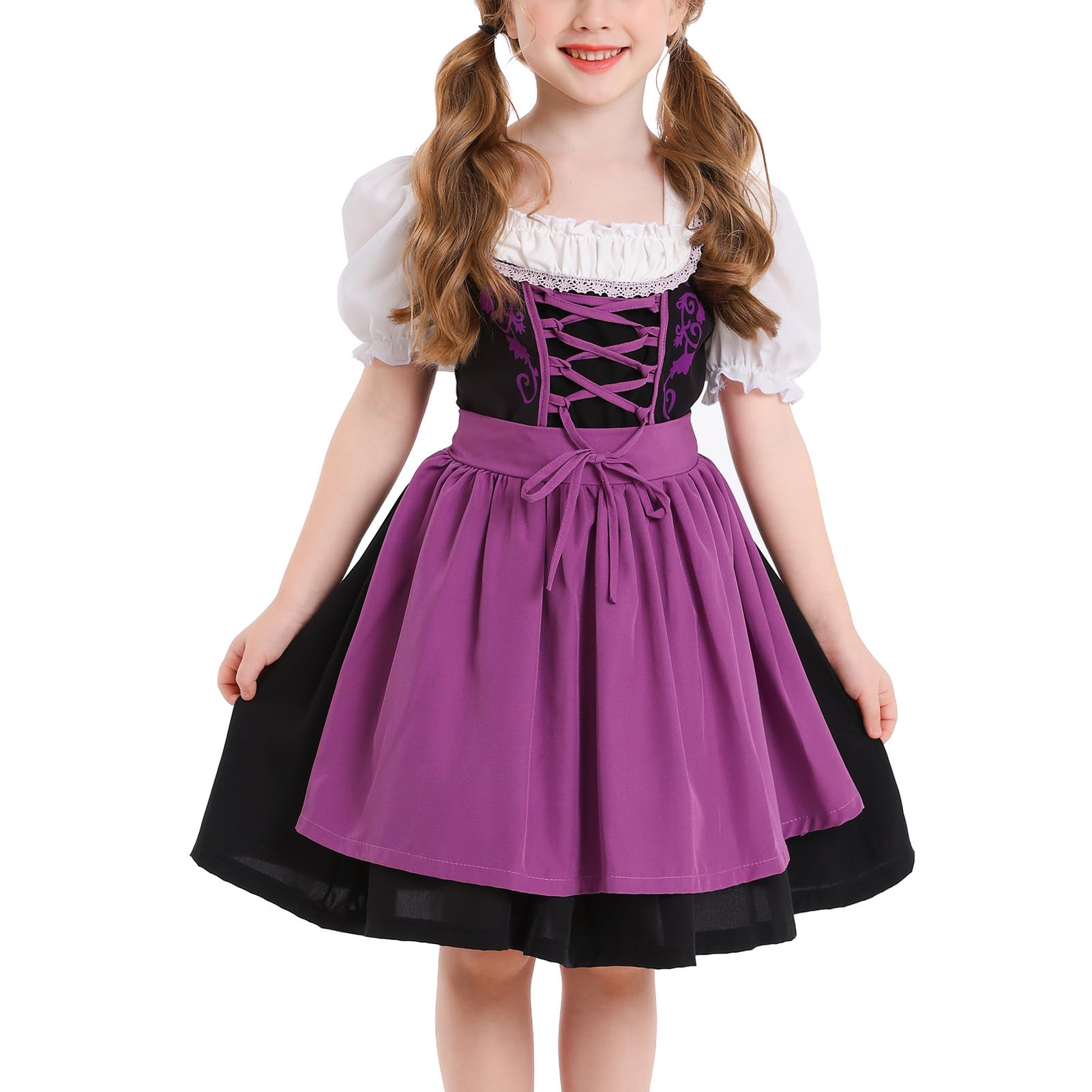 OBEEII Dirndl Mädchen-2Stück Set Dirndl Kleid mit Trachtenbluse und Schürze Bayerisches Tracht Deutsche Oktoberfest Trachtenkleid