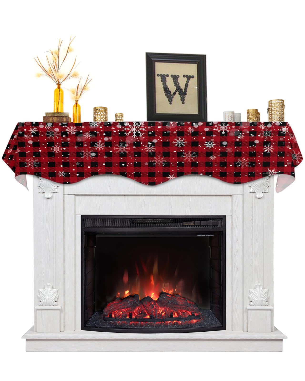 Falaniique Buffalo Plaid Fireplace Mantel Scarf Cover, Mantel Shelf Top Scarf Runner for Christmas Halloween Thanksgiving Fall Indoor Decorations Red