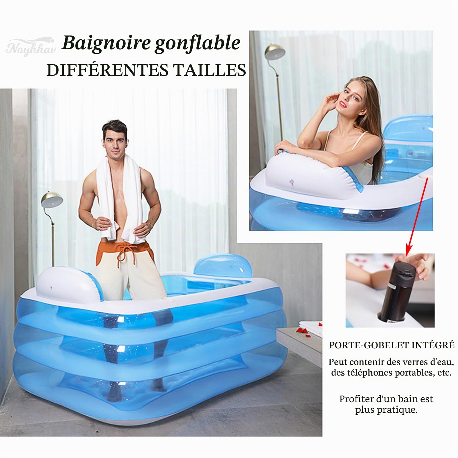 Baignoire gonflable adulte Spa balnéothérapie Hickened Baril De Bain De Plage Baignoire Double Pliable PVC (170 * 130 * 60CM, Bleu)