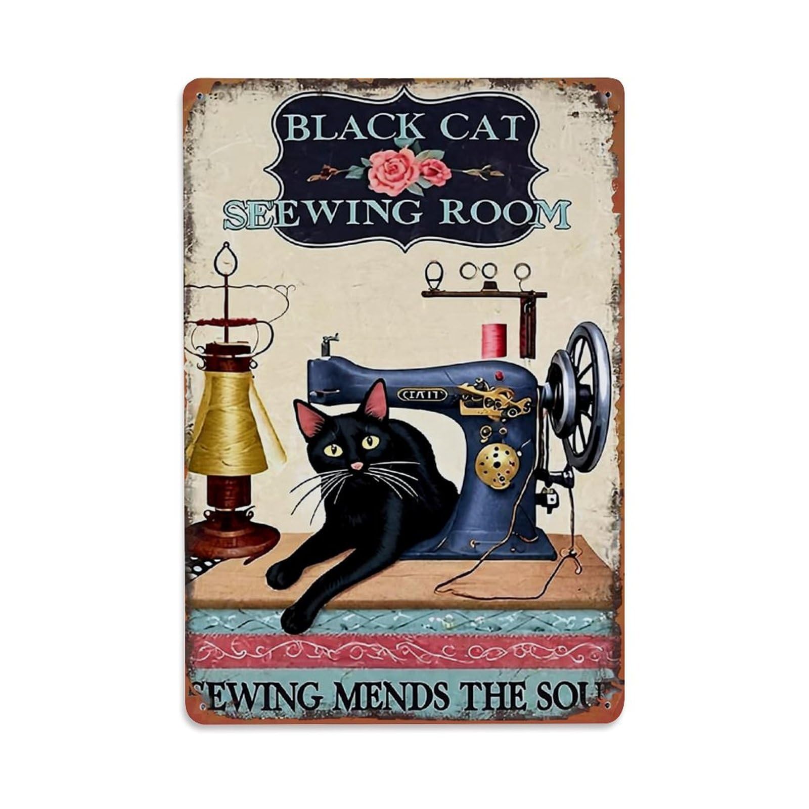 Bliveurn Vintage Black Cat Sewing Room Retro Metal Tin Sign, Metal Poster For Home, Gaming Room, Studio Workshop,Bar,Garage Wall Art Decor 8X12 Inch