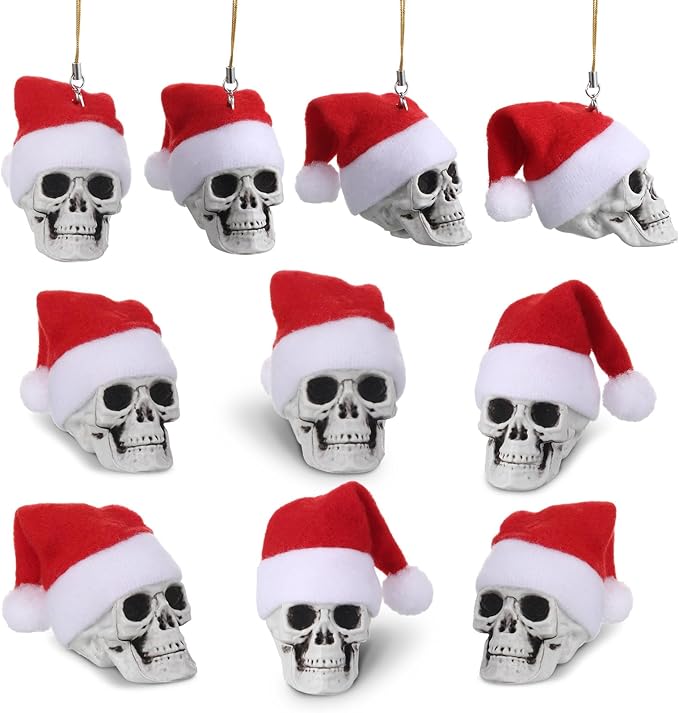 Lenwen 24 Pcs Mini Hanging Skull Heads Santa Hat Halloween Skeleton Head Tree Ornament Decorations for Holiday Party Xmas Tree Decor(Small)