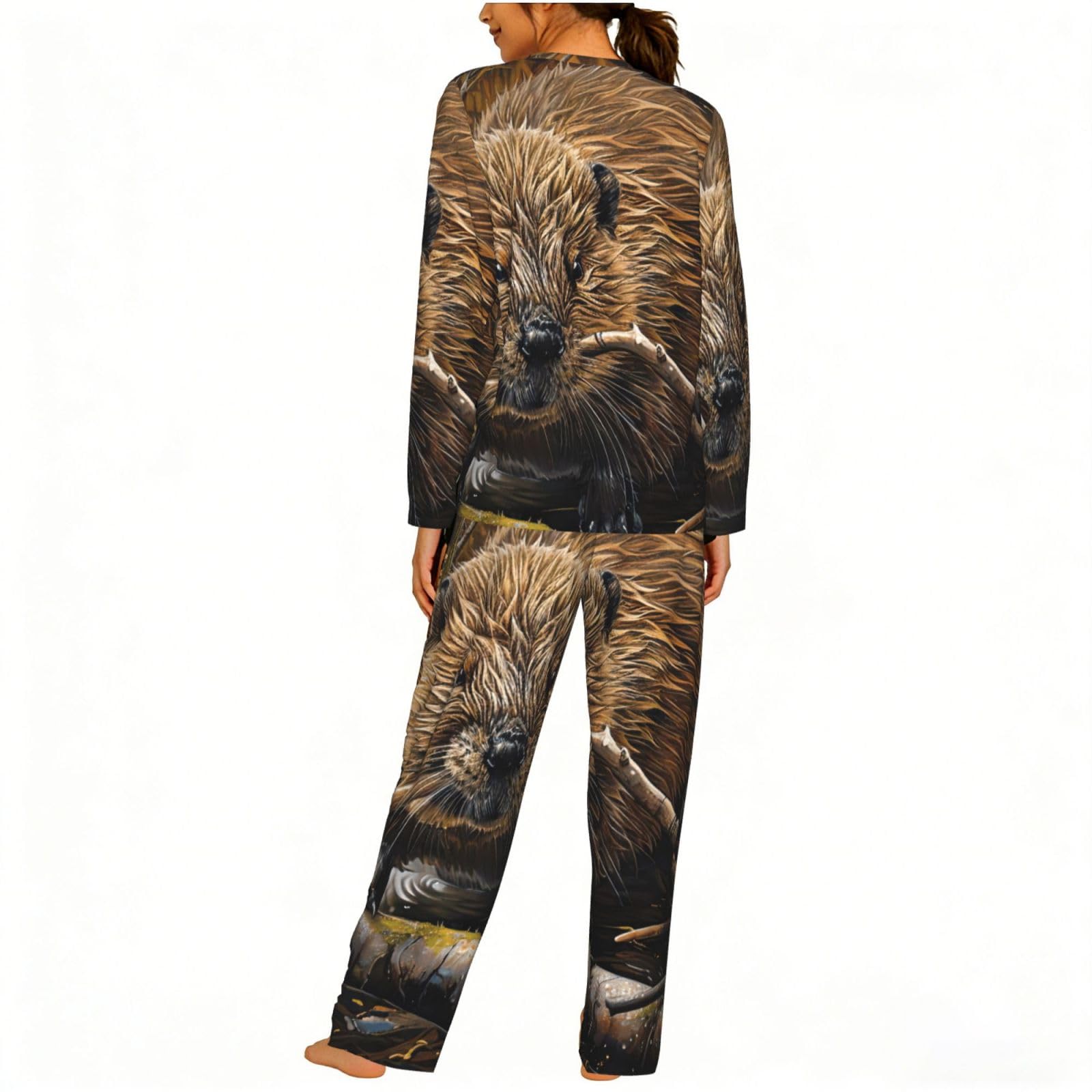 Beaver - Pigiama da donna a maniche lunghe con stampa di lavoro, morbido, per spiaggia, vacanze, abbigliamento da notte, regalo casual