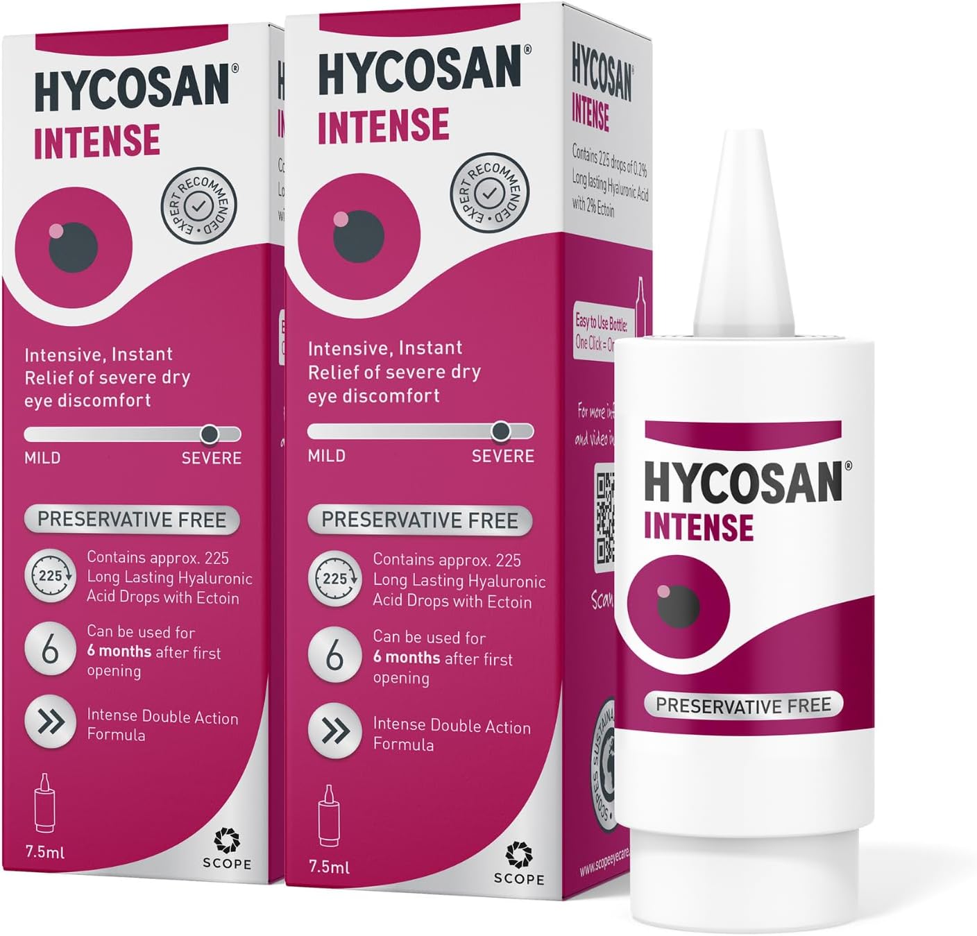 Hycosan Intense Twin Pack - Eye Drops for Long-Lasting Intensive Lubrication & Instant Relief for Itchy, Burning Sensations and Severe Dry Eyes - Preservative Free - 2x225 Measured Doses