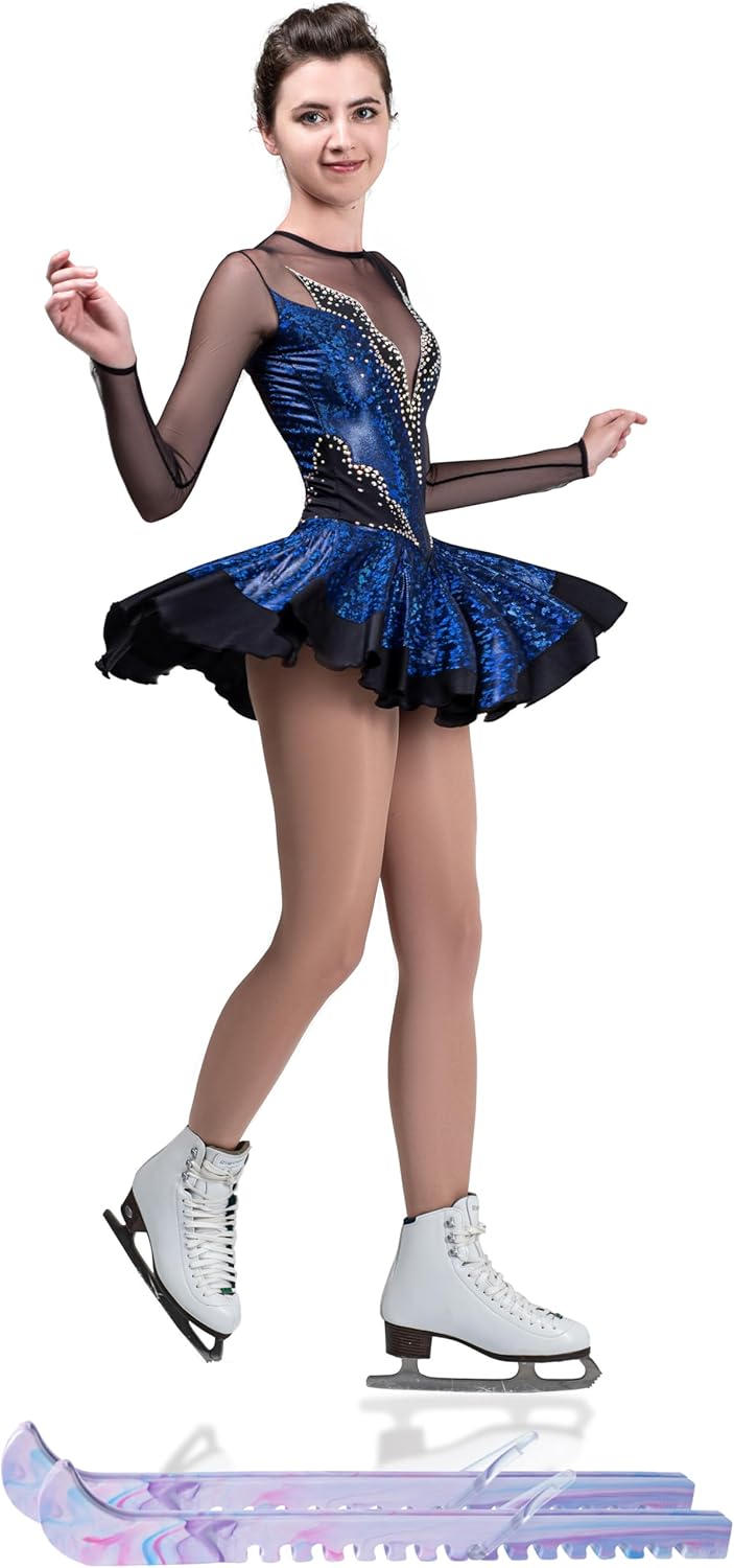 Figure Skating Dress/Bundle with Skate Guards/Italian Fabric, Made in Europe Style: A14 / Blue/Hologram/Size: X-Small