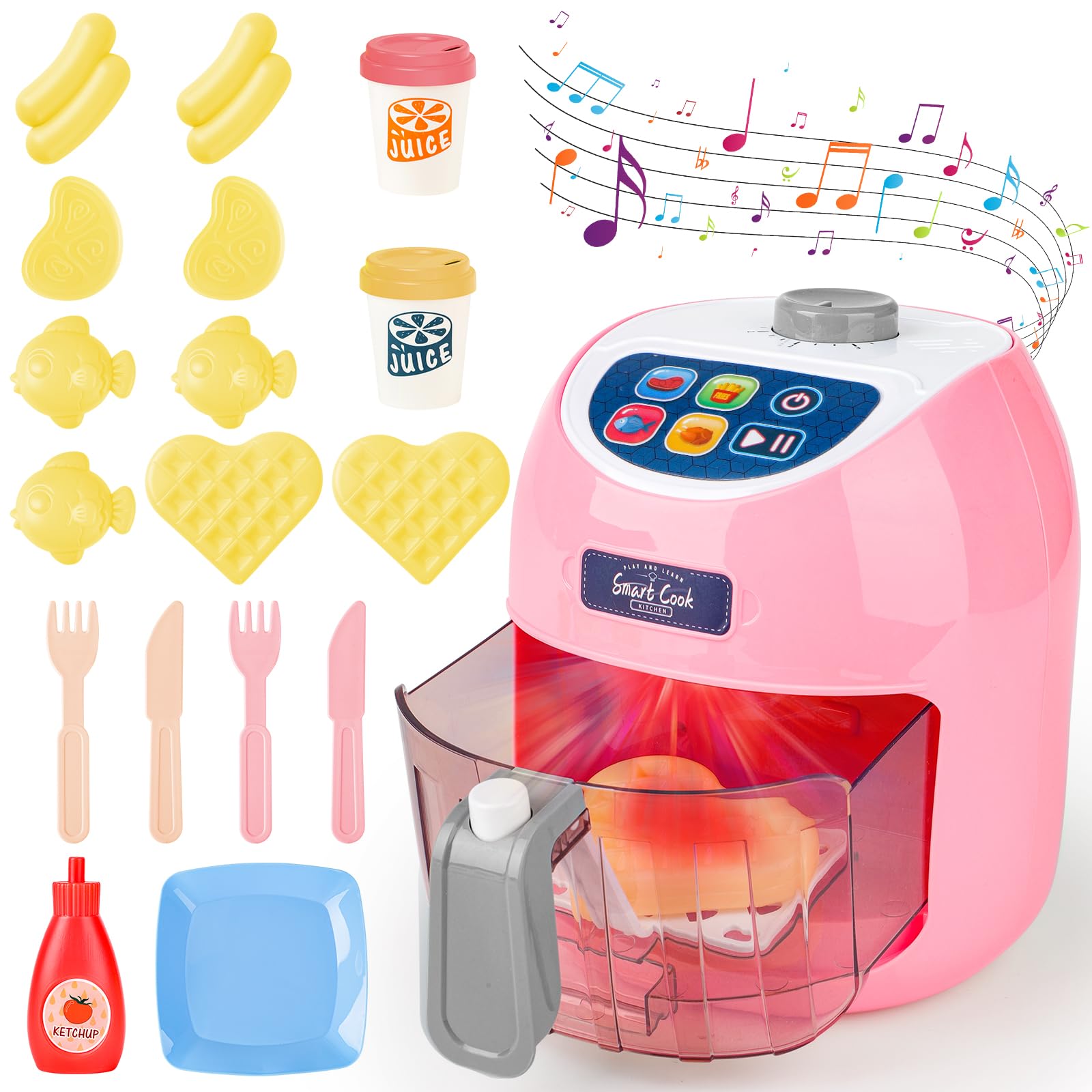 deAO Friteuse à Air Jouet, Ensemble de Cuisine avec Sons, Lumières (Rose) | Aliments Changeant de Couleur, Matériaux Sûrs, sans Bords Tranchants, pour Garçons et Filles, Cadeau Enfant