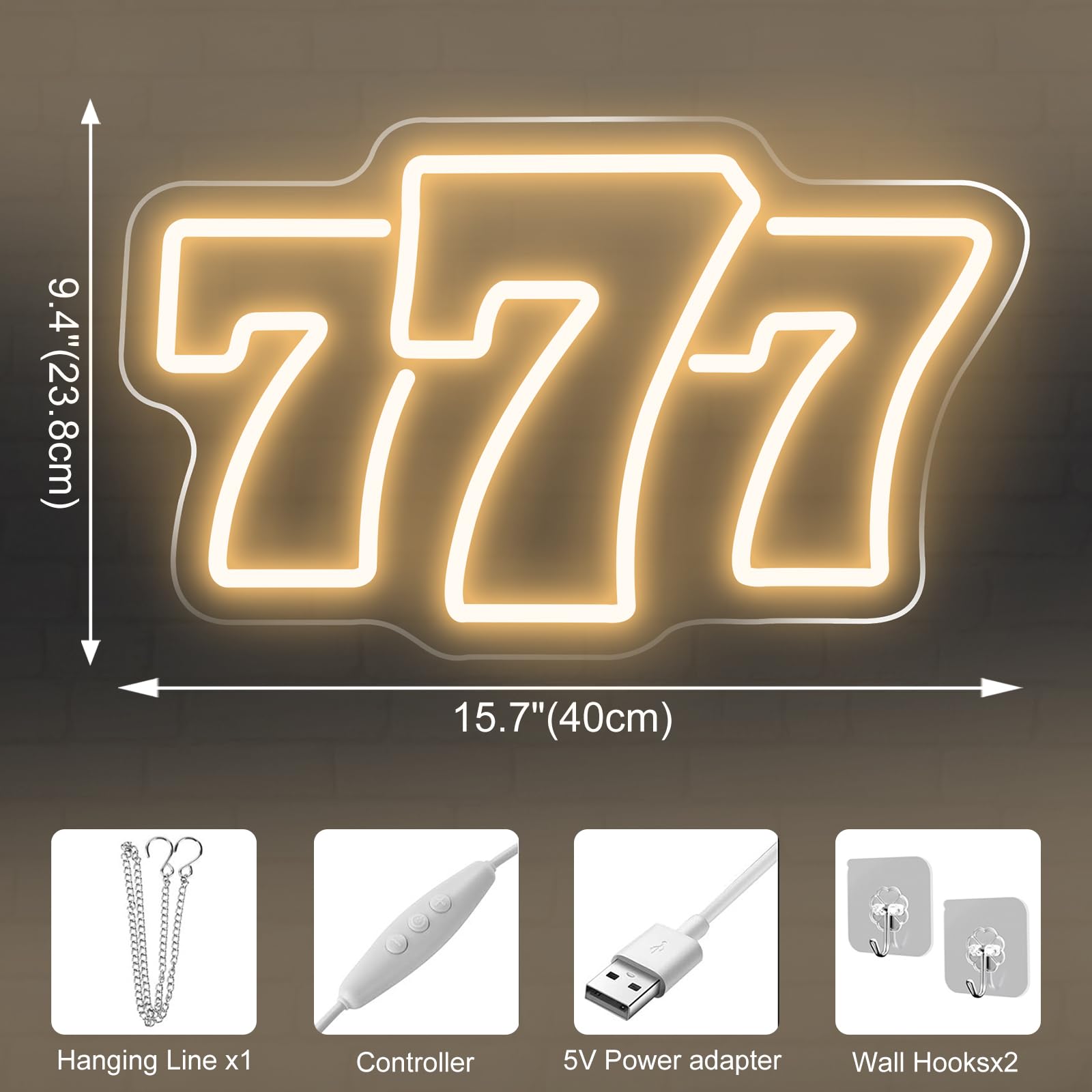 Insegna al neon 777 bianco caldo, 39,9 x 24,9 cm, angelo fortunato, luce a LED per camera da letto, decorazione casinò, sala giochi, grotta uomo, bar, serata poker