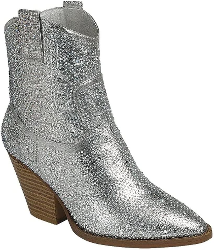 Women Rhinestone Block Chunky Heel Ankle Bootie River-01 Silver 6 - Image 6