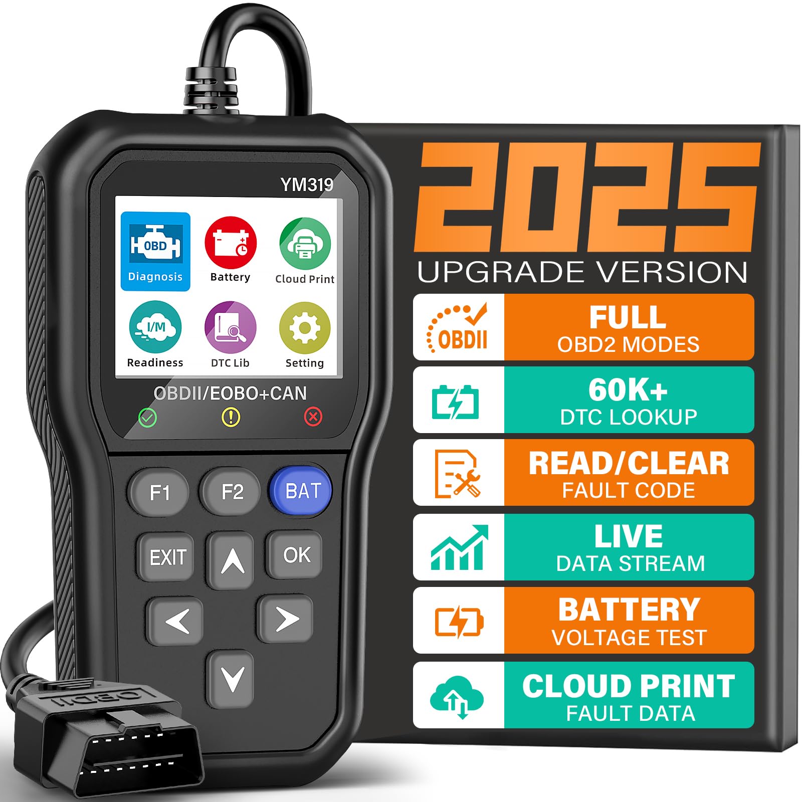 BluSon YM319 OBD2 Scanner Diagnostic Tool with Battery Tester, Scan Tool | Check Engine Fault Code Reader, Live Data, Cloud Printing, DTC Lookup, Freeze Frame, I/M Readiness for OBDII Cars Since 1996