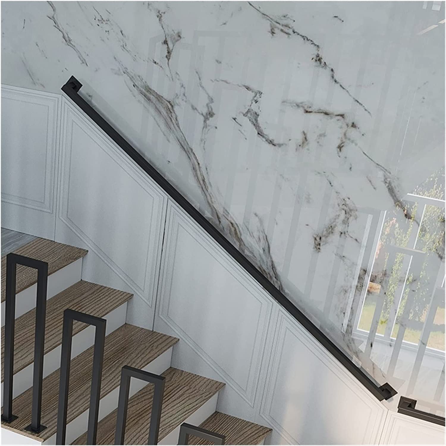 Stair Handrail Industrial Pipe Railing Indoor & Outdoor Pipe Stair Railing with Wall Mount Support, Metal Square Non-Slip Banister Handrails(Black,550cm(18ft))