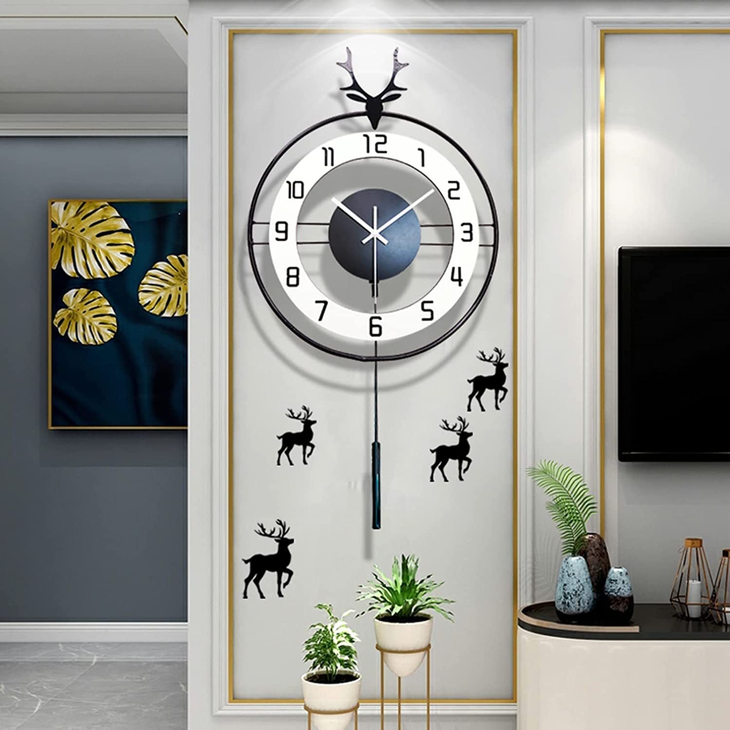 SaryEdge Wall Clock Modern Deer Art Metal Pendulum Wall Clock, Silent Non-Ticking Wall Clock for Living Room Decor, Wall Decoration Bedroom Office,70Cm A Wall Decor Clock-80cm a-One,70cm a-One Size