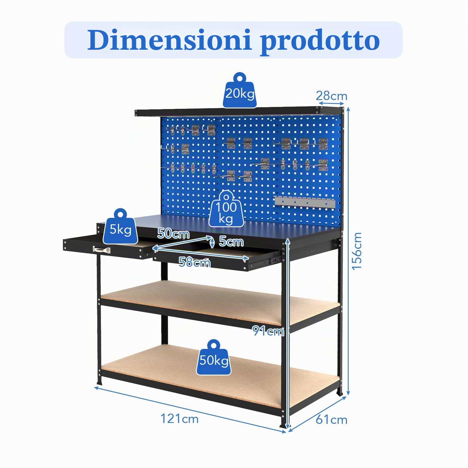 SOARS Banco da Lavoro, Organizer per Attrezzi in Metallo con 3 Pannelli Perforati con Kit di 24 Ganci, 2 Cassetti e 2 Ripiani, Banchi da Lavoro per Officina, Garage (Blu, 121 X 61 X 156 CM)