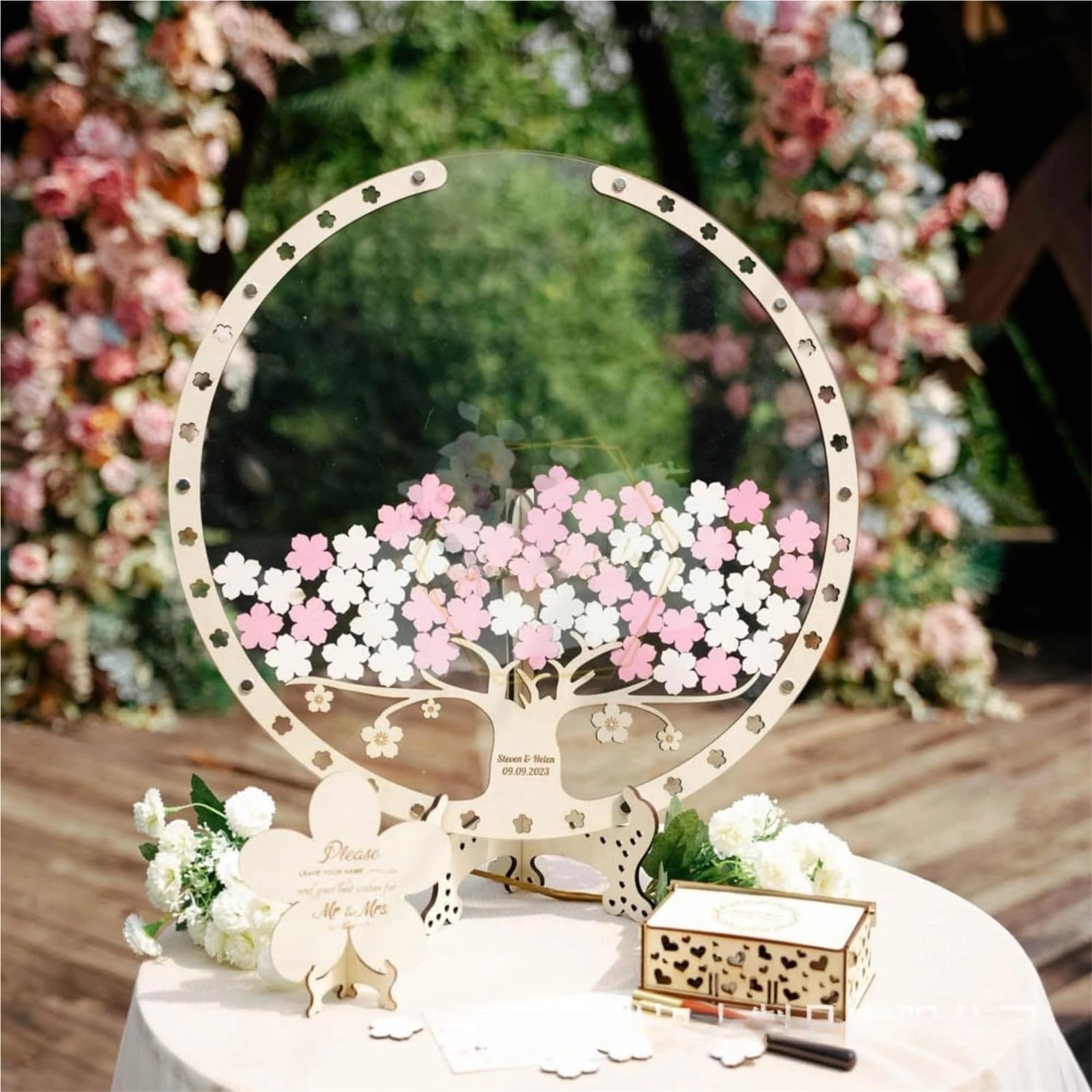 Arbol De Huellas Mesa de Registro Árbol de Flor de Cerezo Boda Libro de firmas Creativo Caja de Mensajes Marco de Huellas Dactilares(with Wooden Box)
