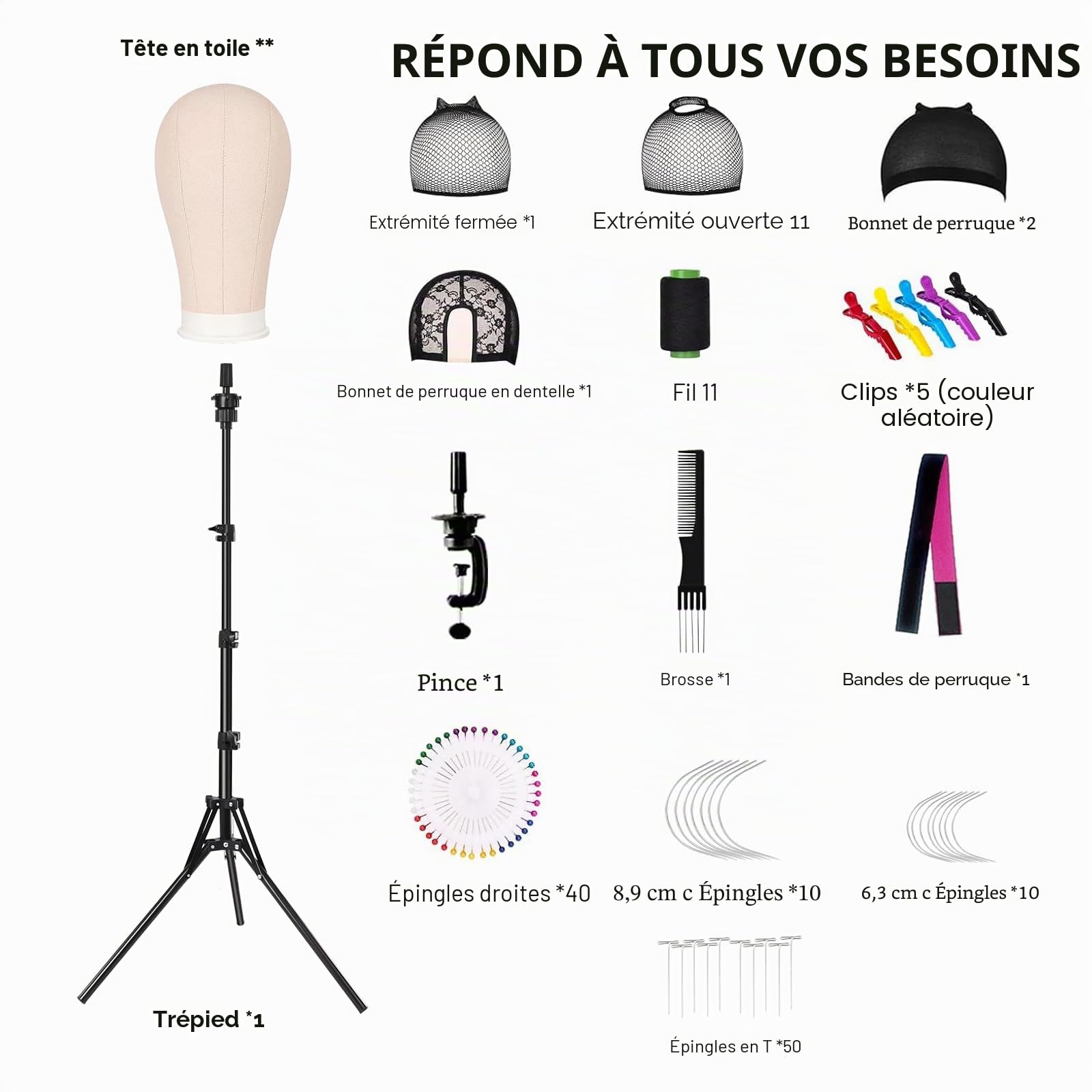 Tête de perruque 58 cm, tête décorative avec support 160 cm, mannequin en toile, pince de table, stylos T et brosse à cheveux, beige