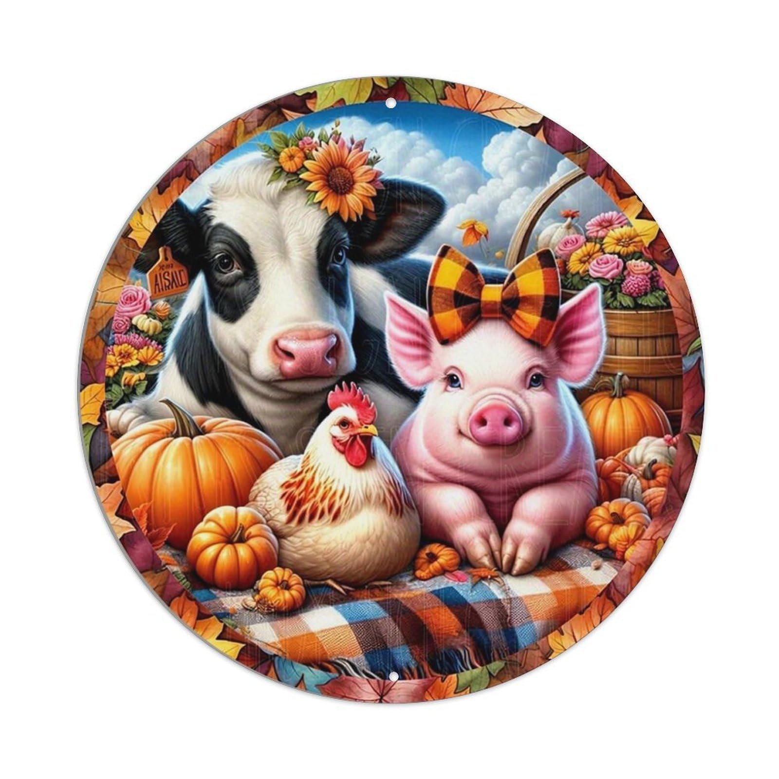 Jdyaojiesheng Vintage Farm Animals Autumn Harvest Pattern Round Tin Sign Retro Metal Wall Decor Metal Poster, Home Bar Garage Farmhouse Cafe Wall Art Decoration 8X8inch