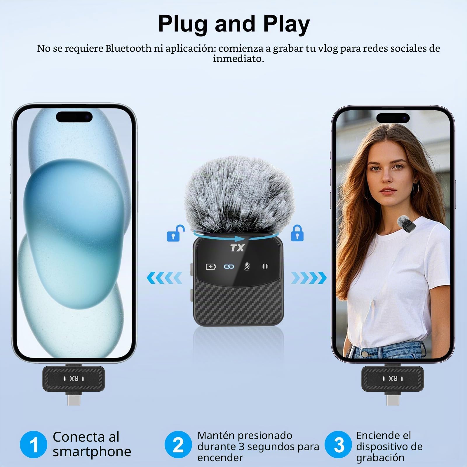 Mini micrófono Lavalier para iPhone/iPad/Android, mini micrófono Plug Play, reducción de ruido profesional, duración de 25 horas, micrófono inalámbrico Lavalier para vídeos, Vlog, YouTube, TikTok