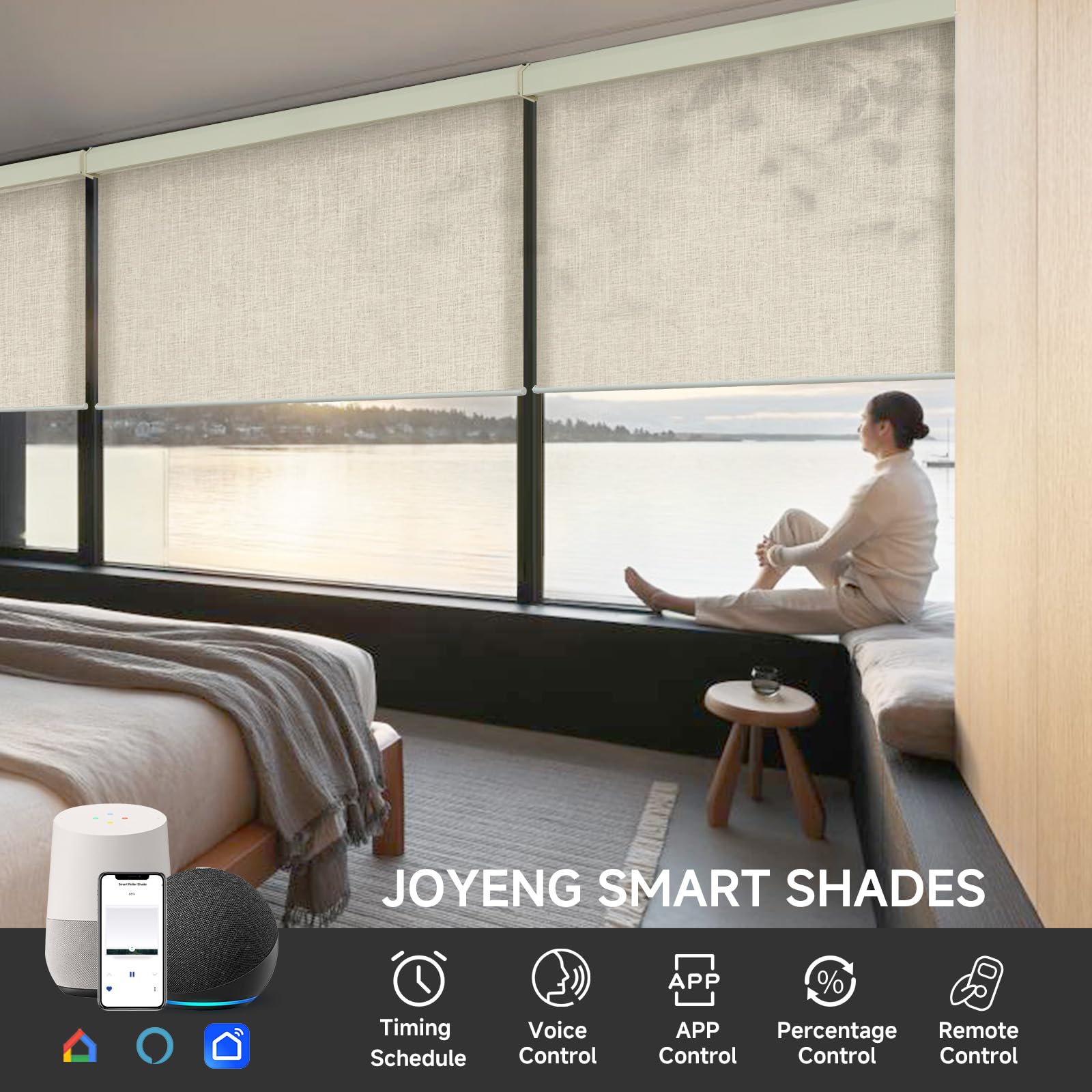 Store enrouleur motorisé intelligent filtrant la lumière avec télécommande, compatible avec Alexa et Google, taille personnalisable, rechargeable, blanc crème texturé
