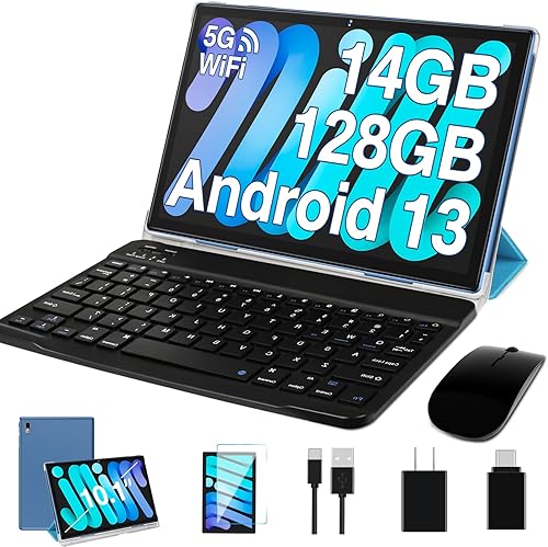 Oangcc Tablet Android 13 Tablets 14GB RAM 128GB ROM 1TB Expand, 10 pulgadas 8000mAh Batería con teclado Mouse GPS Cámara dual 5G Wi-Fi Tablet