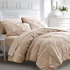 Ubauba 7pc Beige King Size Comforter Set with Sheets, 7 Piece Pintuck Bed in a Bag Ivory Bed Set with Comforter, Off White Bedding Comforters & Sets (Cream, King)