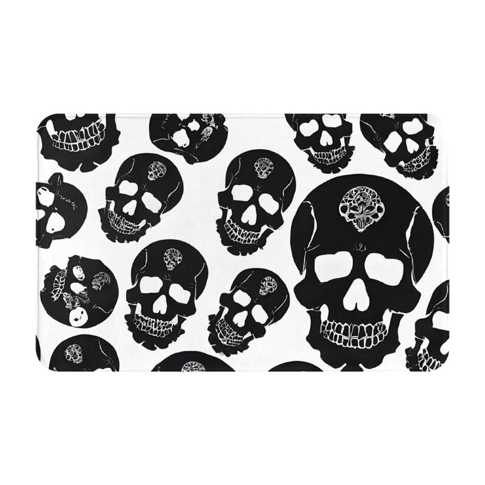 Black Skull Print Living Room Bathroom Kitchen Anti Slip and Absorbent Carpet, Indoor Entrance Door Muddy Floor Mat, Ultra Soft Washable Carpet 21x31.5 Inches
