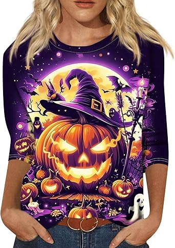 Halloween Shirts for Women 3/4 Sleeve Plus Size Crewneck Loose Fit Cute T Shirt Halloween Costumes for Women 2025