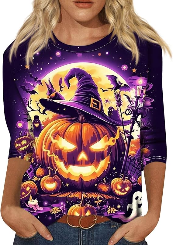 Halloween Shirts for Women 3/4 Sleeve Plus Size Crewneck Loose Fit Cute T Shirt Halloween Costumes for Women 2025