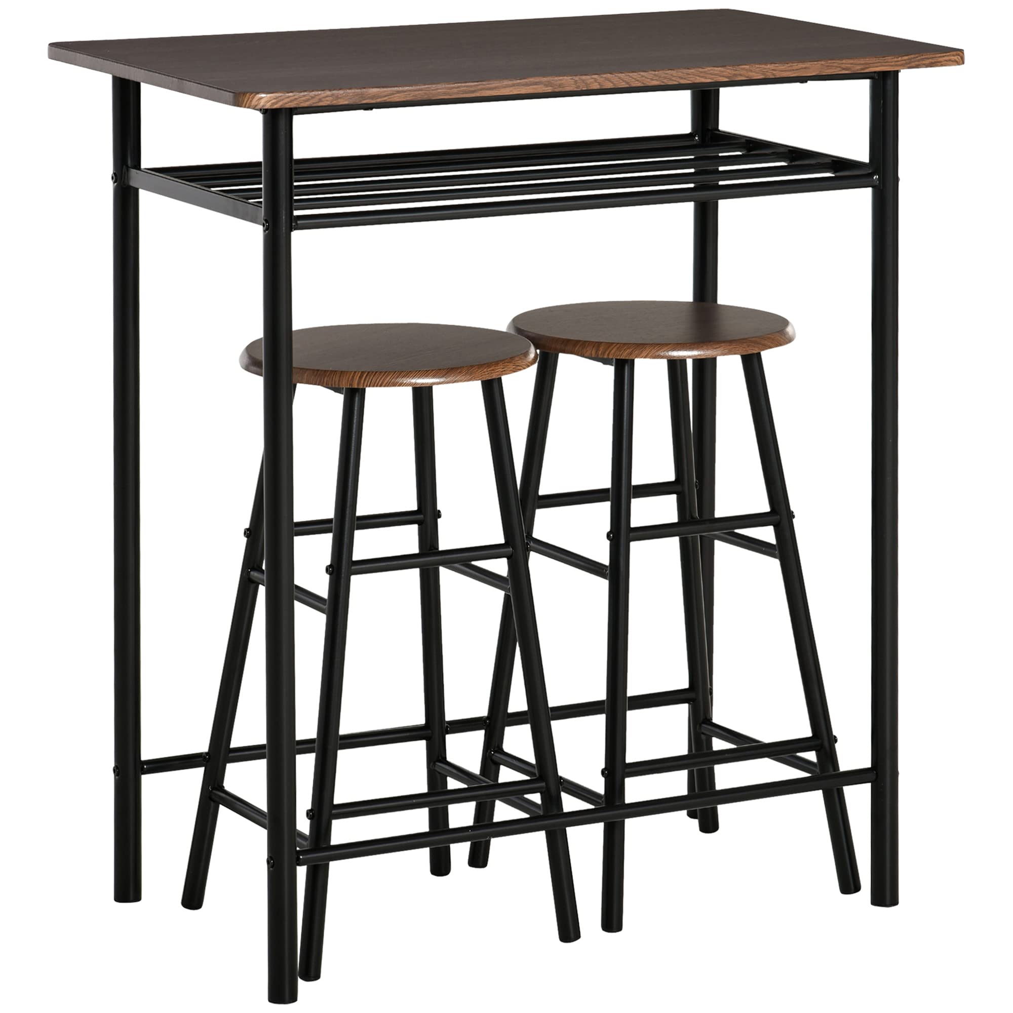 HOMCOM Ensemble Table de Bar avec tabourets, Table à Manger Debout avec 2 chaises, étagère et Pieds en métal, Style Industriel, Table Haute Bar et 2 tabourets pour Salle à Manger, Cuisine, Noir