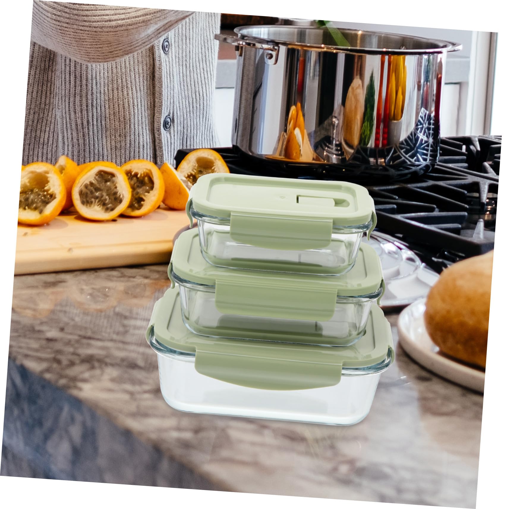 Boîte à Bento en Verre 3 Pièces Vert, Résistante aux Produits Chimiques