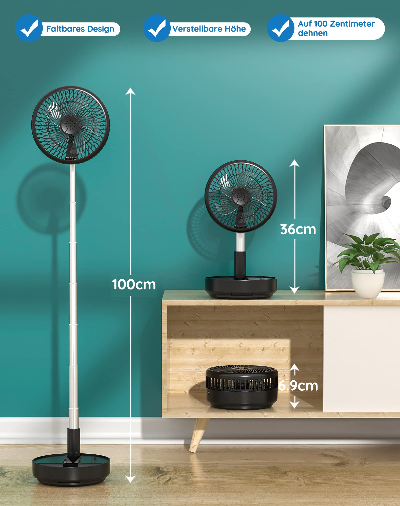 Primevolve Tischventilator Standventilator 8 Zoll oszillierend faltbar Fernbedienung 4 Geschwindigkeiten Akku USB Schwarz