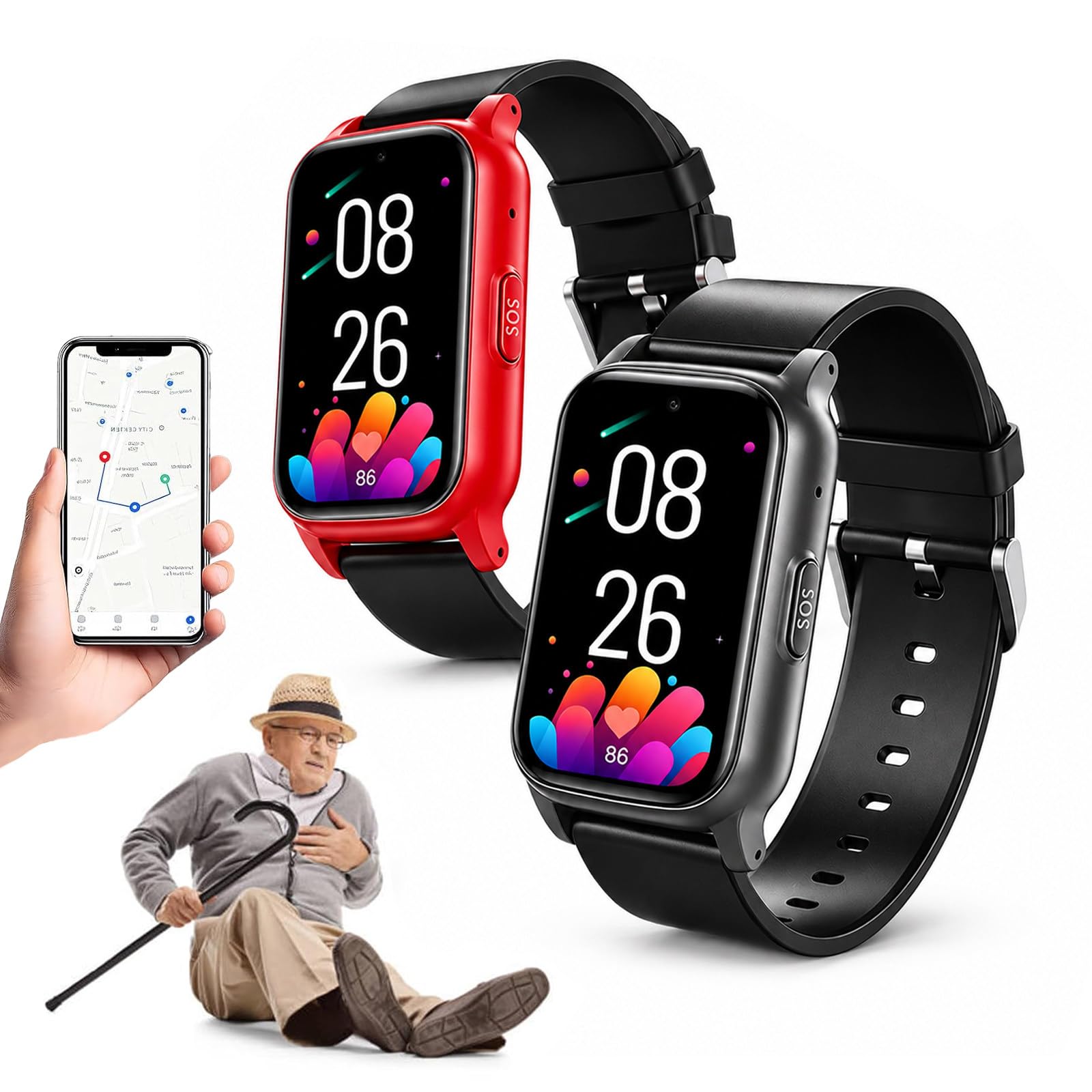 HCAUYNN Medical Alert Smartwatch for Seniors, Smart Watch for Elderly with GPS Location, Fall Alert, One Touch SOS, Two Way Calling, Video Call and Safety Zone Black