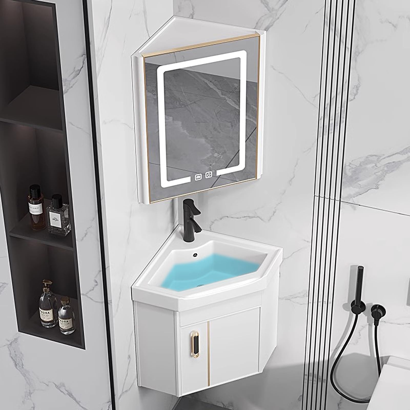DFGHNBVC Corner Bathroom Vanity Cabinet With Sink, Led Medicine Cabinets Anti-Fog, Wall Mounted Utility Basin For Home Kitchen Patio,White-42Cm/16.5In
