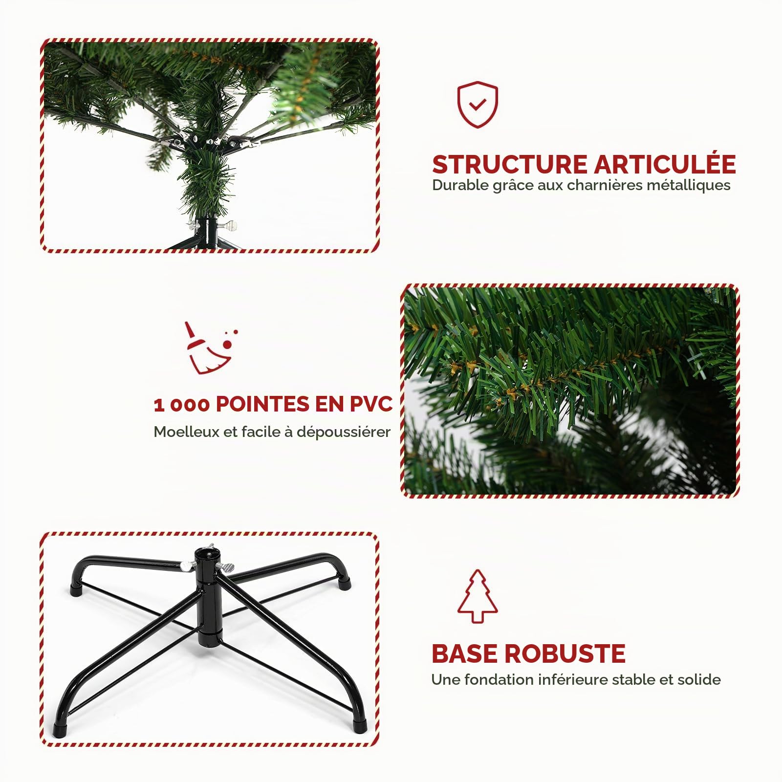 GTPLAYER Sapin de Noël artificiel - Décoration de Noël - 195 cm - Matériau PVC avec plus de 1000 pointes - Branches épaisses avec nœuds décoratifs et cartes de vœux - Support en métal solide - Vert