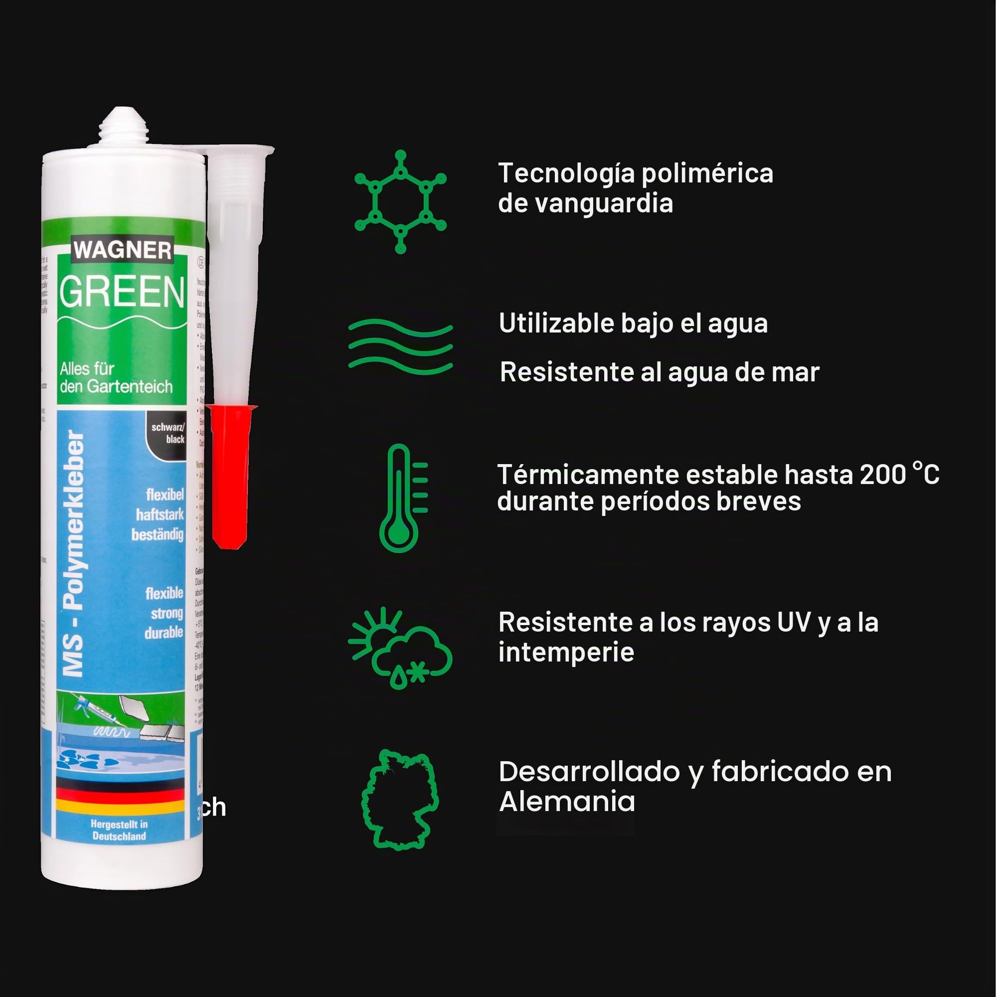 Wagner Green Adhesivo subacuático para piscina, acuario y estanque MS pegamento de polímero, negro, 310 ml, en cartucho DIN, reparación especial, sellador, adhesivo estanque, sellado láminas PVC EPDM
