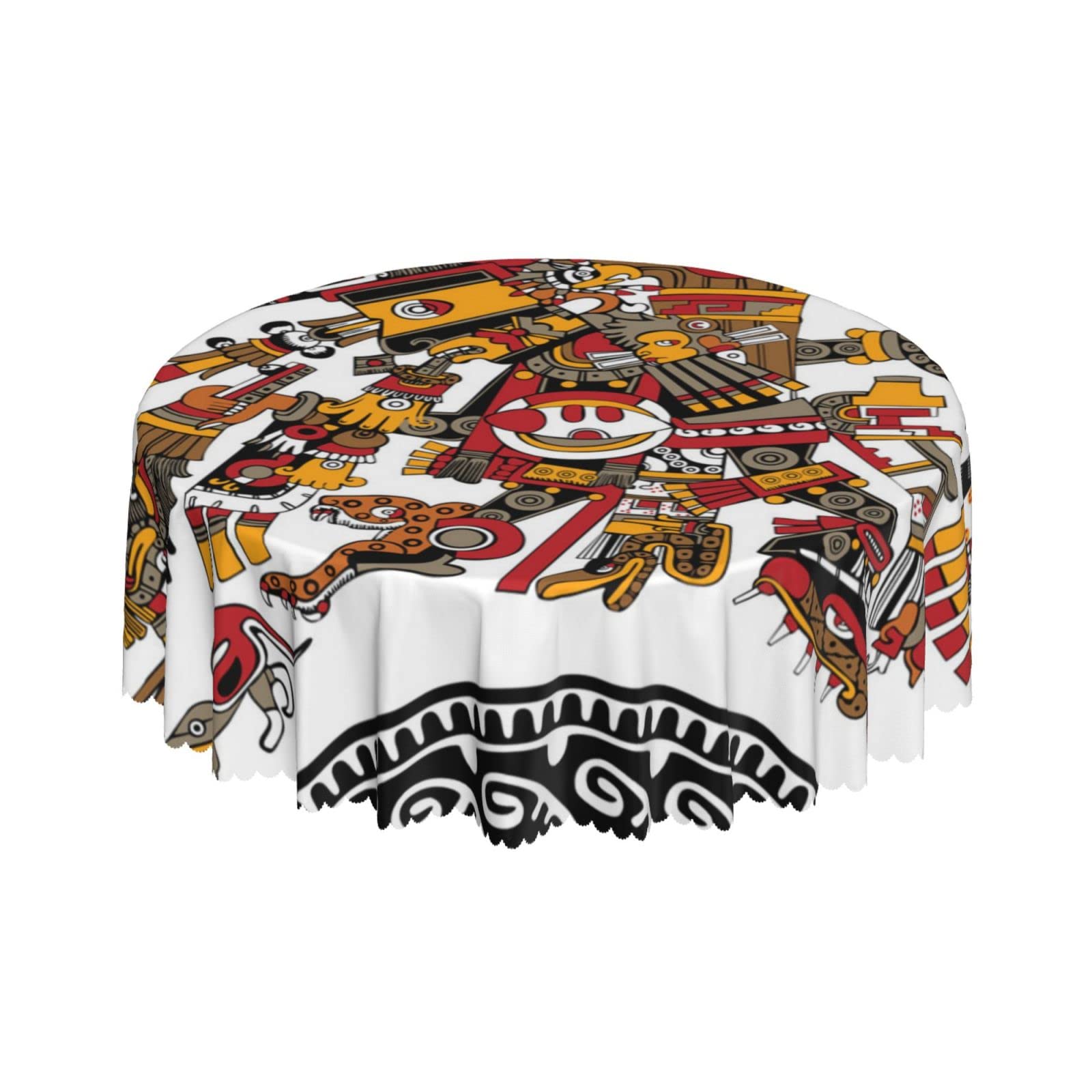 Lsjuee Tribal Aztec God Symbol Round Tablecloth 60 Inch Printed Washable Tablecloth for Dining Party Holiday Fall Home Decorative