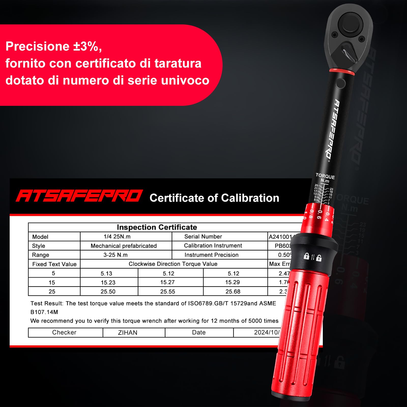 ATsafepro 61 Pezzi Chiave Dinamometrica 1/4",3-25 Nm Chiave Dinamometrica Bici,Con Adattatore da 1/4" a 3/8", Prolunga da 10 cm, Punte, Cacciavite, Precisione ±3% per Biciclette, Motociclette