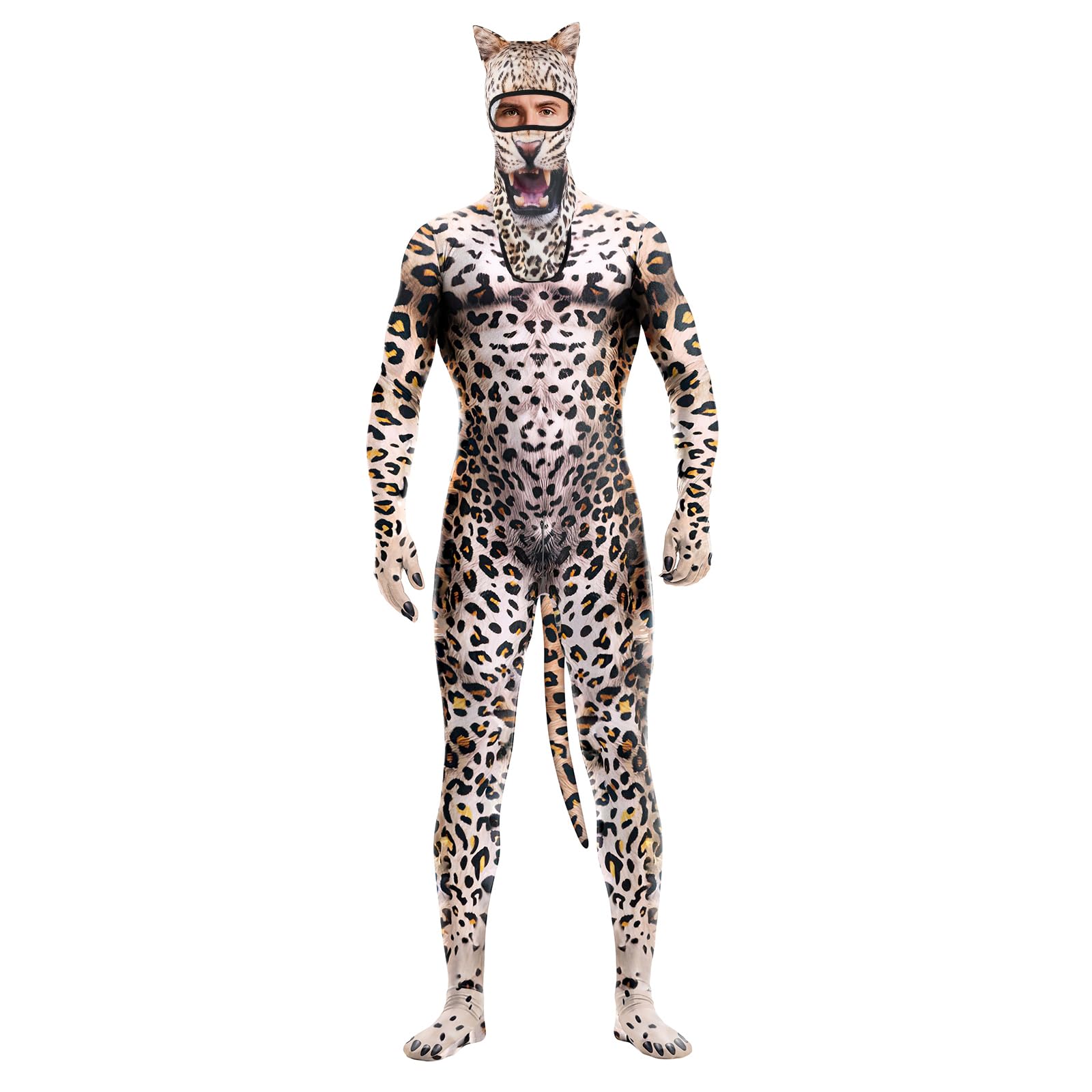 Men's Animal Bodysuit Costume with Big Tail Print Petsuit Spandex Furry Jumpsuit Cosplay Halloween Party