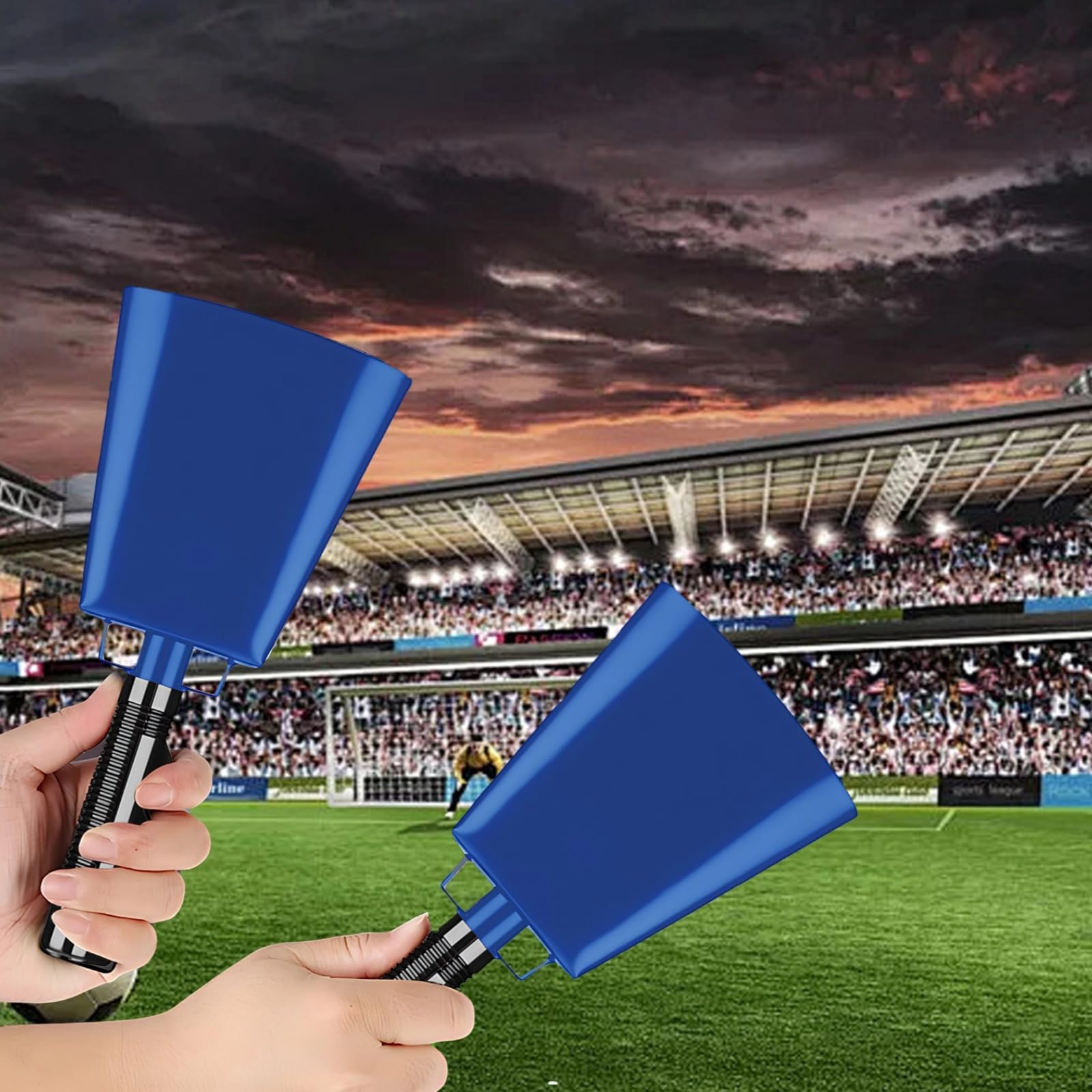 2 szt. niebieskie dzwonki do krów na imprezy sportowe, duże dzwonki z ergonomicznym uchwytem, idealne do gry w piłkę nożną, kompaktowa konstrukcja do łatwego zabrania ze sobą