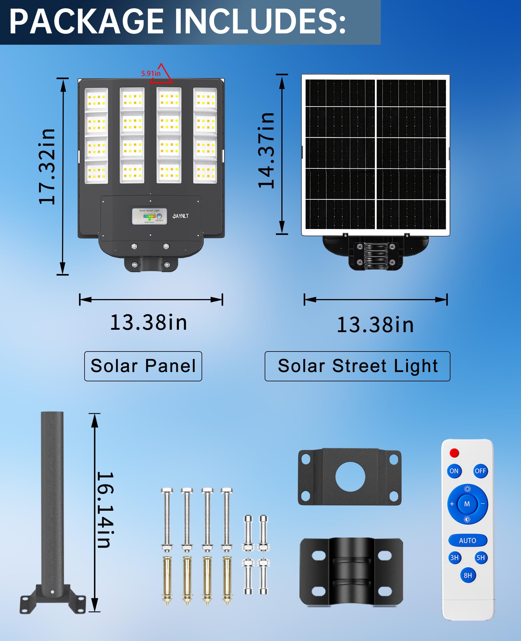 JAYNLT Y-4000W Lampione Solare da Esterno, Faro led Esterno con Sensore di Movimento e Telecomando, 3000K/4000K/6500K Lampioni Stradale Solare IP67 per Cortili, Garage, Fattorie