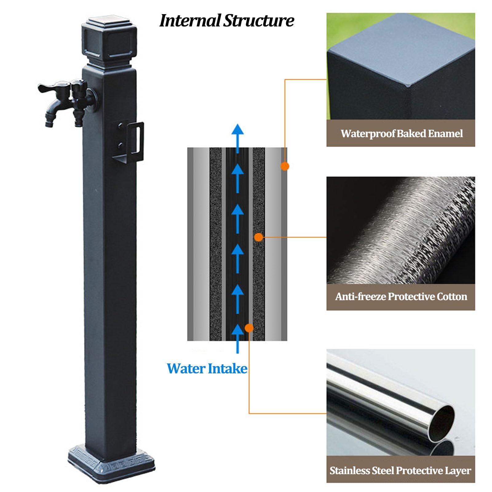 Columna de agua para exteriores con grifos y aspersor, grifo vertical de jardín de acero inoxidable, hidrante sin congelación, hidrante independiente montado en el suelo para riego de patio y granja